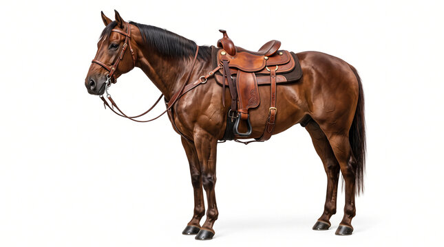 Ultra-realistic full brown horse wearing detailed leather saddle, bridle and reins, muscular anatomy, glossy coat, realistic mane, tail and hooves, side three-quarter standing pose