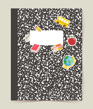 School notebook cover with bus apple globe books pencil and paper plane on abstract pattern