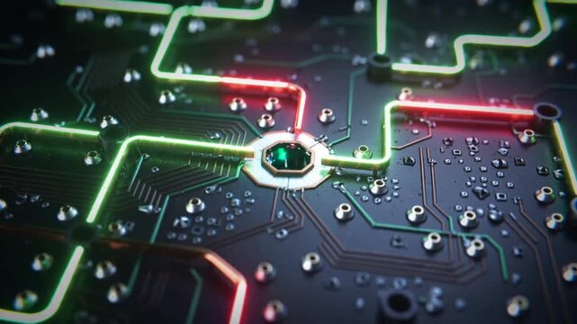Pulsing PCB traces in studio, green flowing and red appearing toward octagon pad lighting node