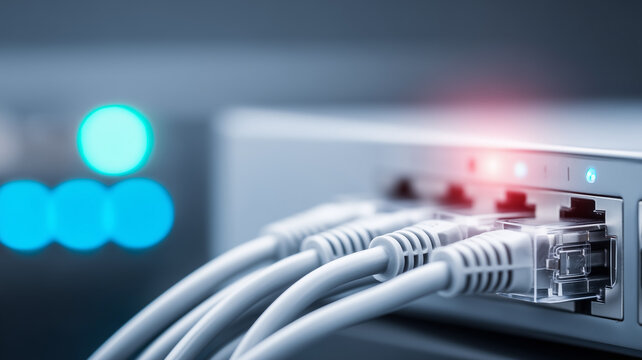 Ethernet cables plugged into a network switch represent wired connectivity user access data transmission and modern IT infrastructure.
