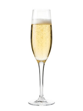 A single tall flute glass filled with sparkling champagne or prosecco with visible bubbles and foam at the isolated on a solid isolated on a transparent background