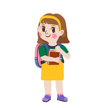 Cute schoolgirl with backpack and books isolated on white background for education and student design