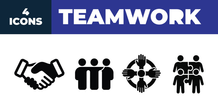 Set of black teamwork icons featuring handshake collaboration unity and puzzle pieces for business and corporate communication