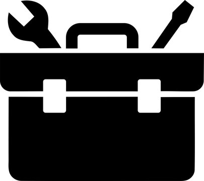 Black toolbox icon with wrench and screwdriver isolated on transparent background