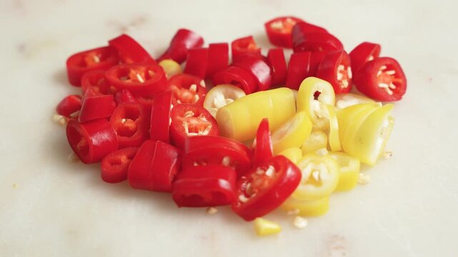 Sliced red and yellow chili pepper rings rotating close up