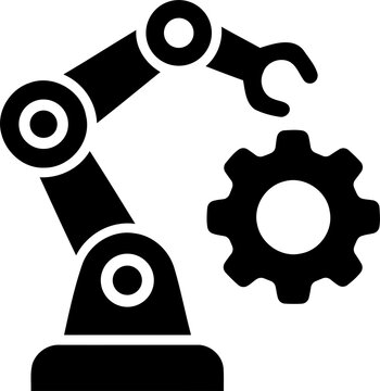 Industrial robot arm holding a mechanical gear icon isolated on transparent background