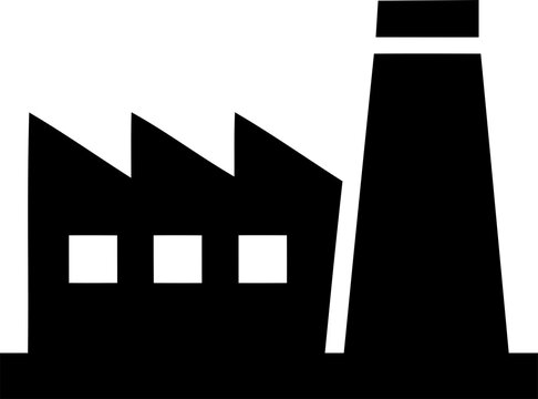 Simple black factory icon with chimney and building isolated on transparent background