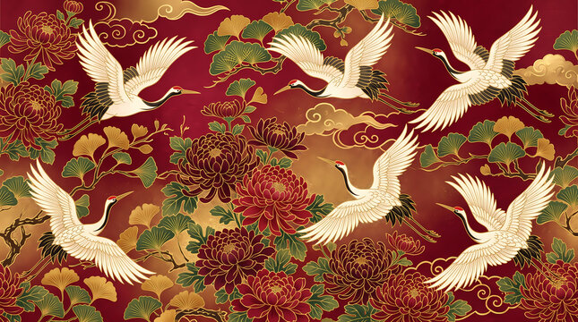 Traditional Japanese pattern with flying cranes and blooming chrysanthemums on a deep red background.