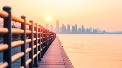 Fototapeta premium Moonlit Night Near the Tree-Lined Curb: Urban Sidewalk Beside Waterfront Railing Skyline Distance Urb â€“ Skyline Study 3