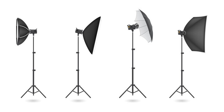 Studio photography lighting equipment setup with softbox reflectors transparent background