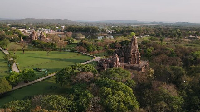 Aerial view of the historic khajuraho temples in india, a unesco world heritage site and famous tourist destination