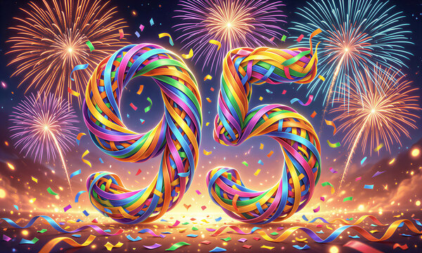 Vibrant birthday illustration of the number 95 in rainbow ribbons with fireworks and confetti celebrating a special birthday.