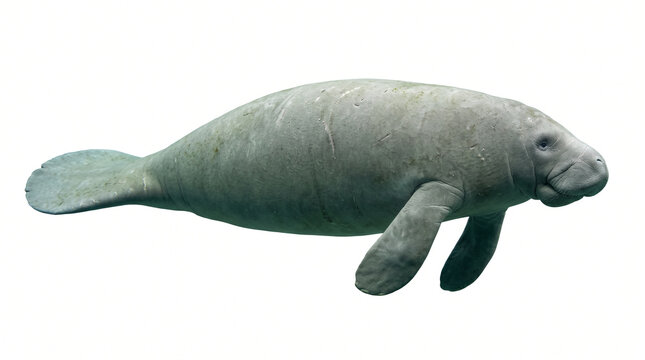 Highly realistic full-bodied manatee in horizontal side profile, smooth gray-green skin, rounded body, paddle-shaped tail and front flippers, detailed facial structure and subtle skin texture