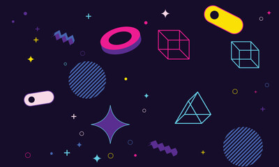 Fototapeta premium Abstract geometric shapes and colorful 3d elements floating on a dark background for modern design projects