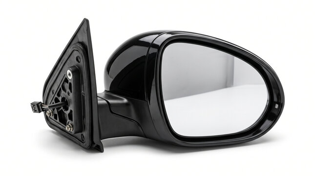 Ultra-realistic black automotive side mirror assembly, glossy housing with reflective glass mirror surface, detailed mounting section and subtle plastic texture, centered three-quarter product view