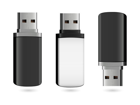Three USB flash drives in various orientations on transparent background