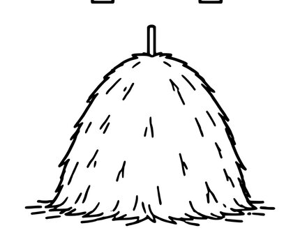 Hand-traced black and white vector icon illustration of a traditional countryside haystack, featuring a small wooden pole at the top, ideal for harvest and farm themed graphic design projects