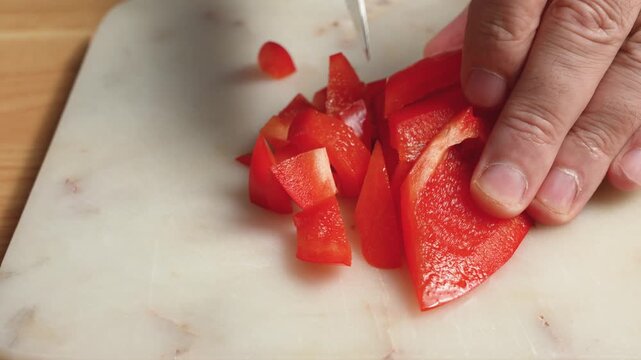 Slicing a red bell pepper into strips then dicing it