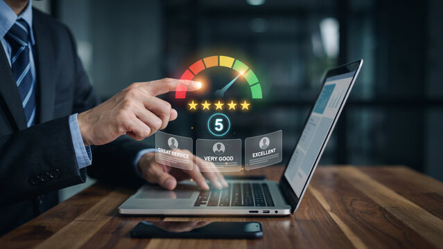 Corporate worker pointing at laptop screen showing customer satisfaction meter and rating stars interface.