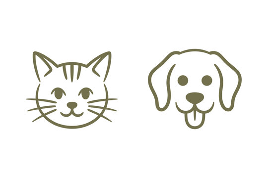 Cat and dog faces, simple line art icons side by side in muted pink and green tones on a dark background for pet themes.