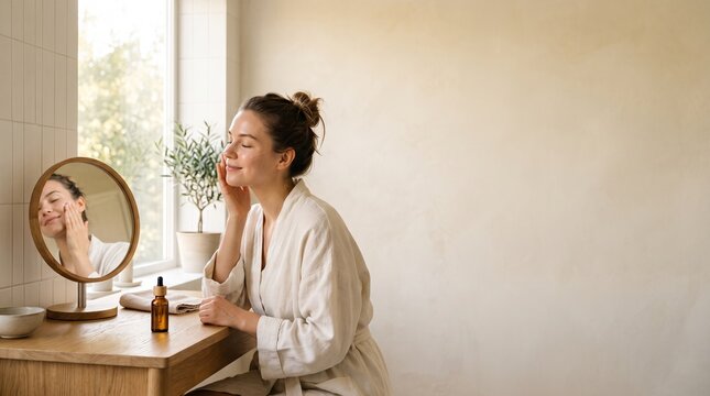 Woman applying facial serum in front of mirror, natural light, minimalist bathroom setting
