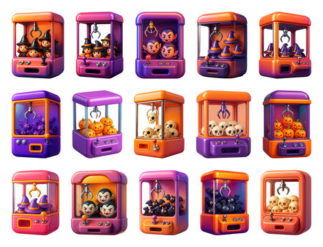 PNG Colorful Halloween-themed claw machines illustration on transparent background