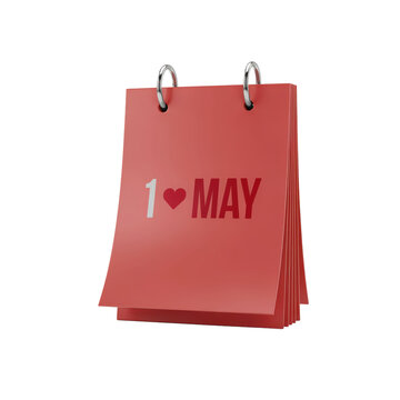 Red desk calendar page showing the date of first of may with a heart symbol isolated on a transparent background