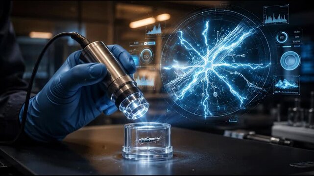 Futuristic laboratory microscope revealing glowing neural cell network and handheld microscope