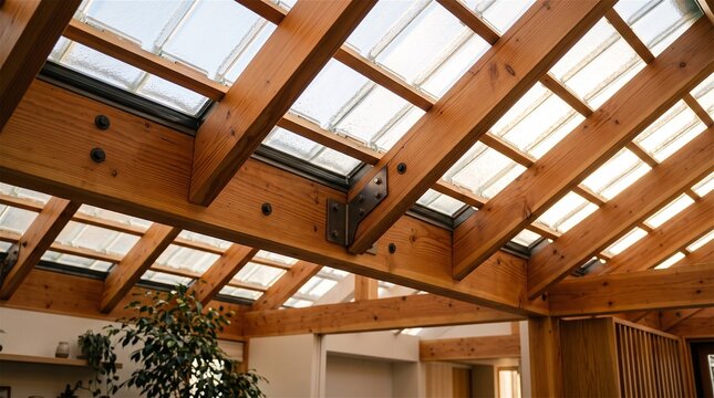 Modern wooden beam ceiling with glass block skylight