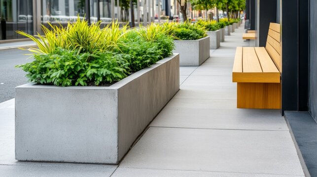 Stormy Light Beyond the Landmark Corner: Urban Sidewalk With Public Seating And Concrete Planters Urba &acirc;&euro;&ldquo; Skyline Study 4