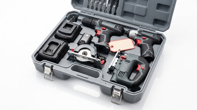Cordless Power Tool Kit With Drill Circular Saw Jigsaw And Batteries In A Gray Case