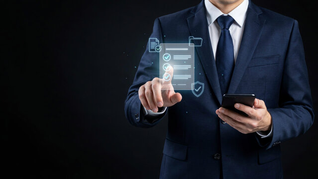 Executive holding a smartphone and pointing at a transparent document verification workflow graphic.