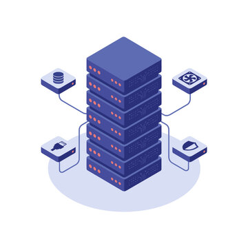 Minimalist Isometric of a Modern Data Center Server Stack with Connected Devices with high quality professional line art symbols for modern creative design and digital branding projects