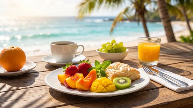 Nutritious breakfast platter featuring sliced mango, fresh strawberries, juicy peach, kiwi, golden pastry, coffee, and orange juice on wooden table