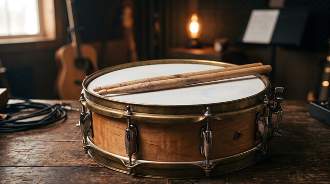 Snare drum with drumsticks on wooden table in music studio