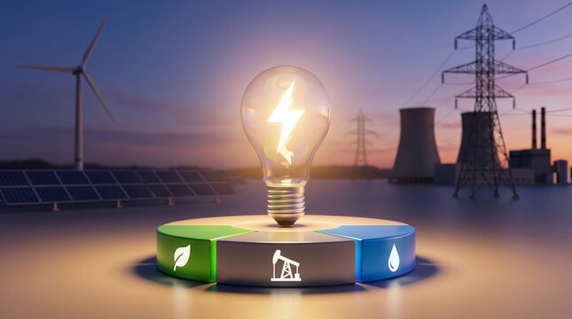 Glowing light bulb with bright lightning icon sits atop circular industry chart featuring green energy, oil, and water symbols today