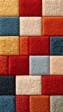 Colorful Geometric Patchwork Shag Rug Texture, Multicolor Tufted Carpet Squares Close-up