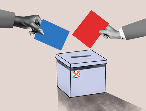 Human hand putting a red ballot paper into the ballot box. Political election, flat designed concept.