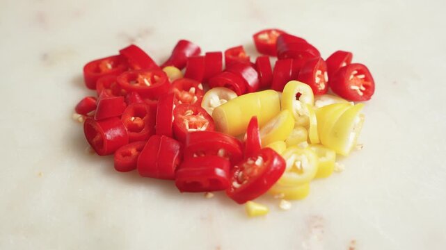 Pile of sliced red and yellow chili peppers slowly rotating