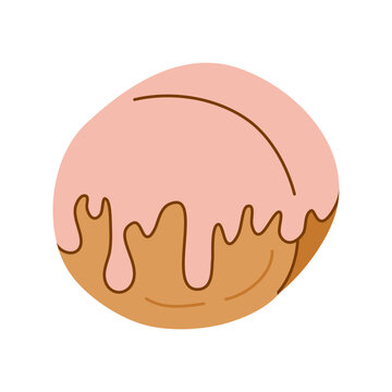 Cute flat glazed croissant roll with pink flowing cream isolated on white background. Modern puff pastry in modern style. Sweet flat French dessert. Suitable for posters, cards, bakery designs, etc.