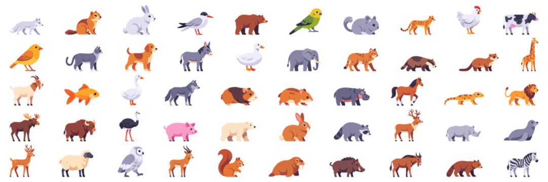 Animal big icon set with mixed wildlife and livestock, flat illustrations