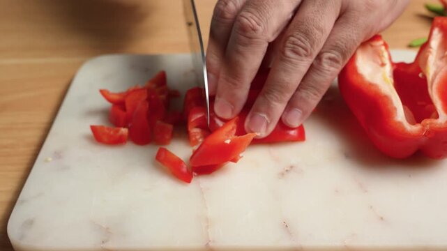 Dicing a red bell pepper with the hollow core beside it
