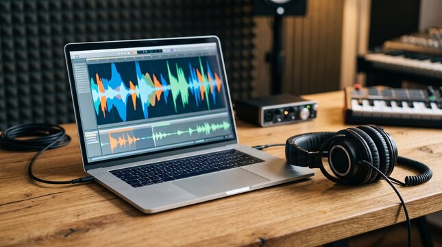 Modern home recording studio setup with laptop displaying audio waveforms and headphones on wooden desk