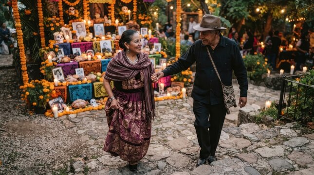 Day of the Dead Celebration: A couple participates in a vibrant Day of the Dead commemoration, walking through an outdoor altar adorned with photographs, marigolds, and flickering candles.