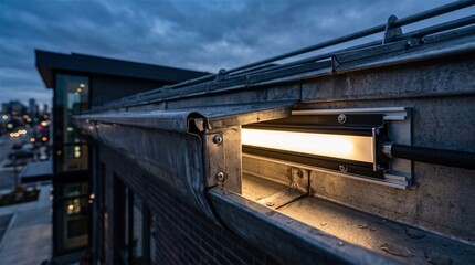 Fototapeta premium Recessed LED lighting unit in a metal gutter at dusk
