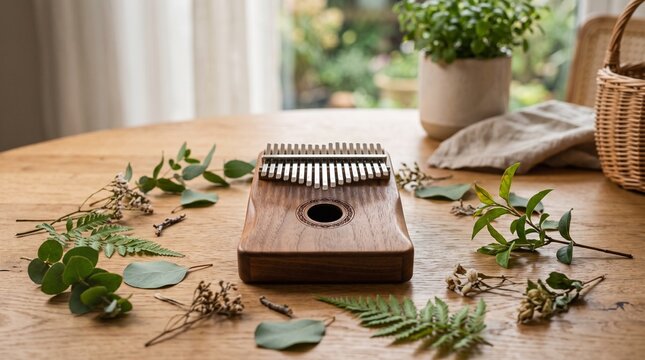 Wooden Kalimba Thumb Piano Surrounded by Natural Greenery and Dried Flowers on a Table
