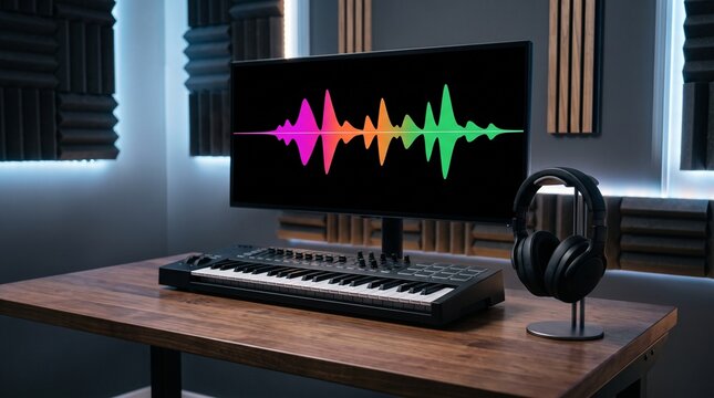 Modern home recording studio setup with MIDI keyboard monitor displaying waveform and headphones