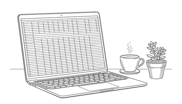Laptop Computer with Spreadsheet and Coffee Cup Line Art Vector Illustration