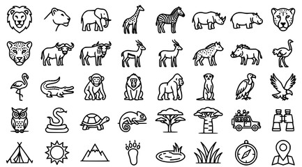 Obraz premium African Safari Wildlife and Savanna Animal Black Vector Icon Set