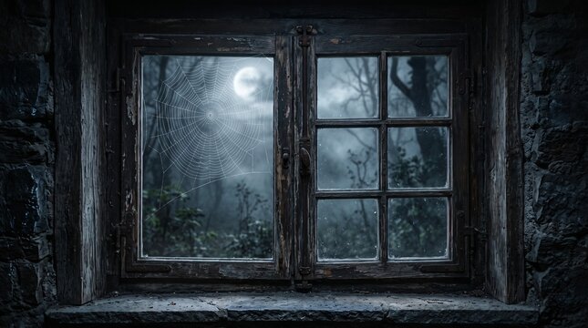 Spooky old window with cobweb and full moon view into a dark forest at night